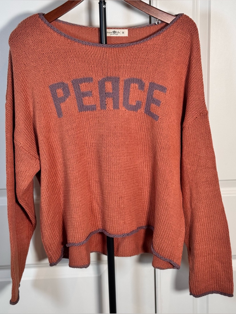 Natural Life Peace Graphic Sweater Womens M Rust Purple Oversized Cotton Boho